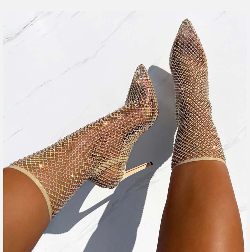 Rosalia Rhinestone Mesh Bootie Size 9 Nude Stiletto High Heels